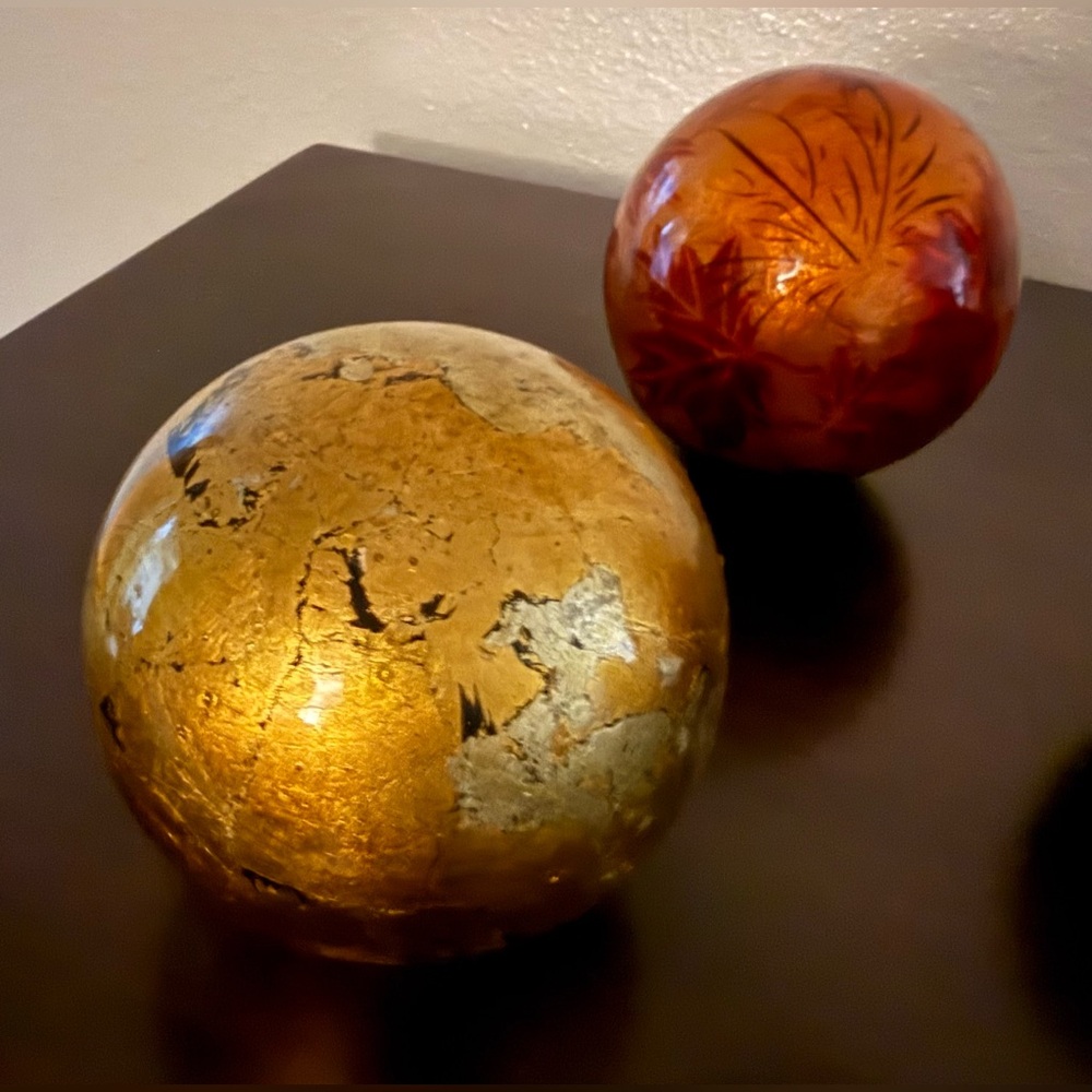 Pier 1 Festive Red Gold Decorative Orbs Set of 3 | 4” Holiday Spheres Home Decor - Picture 3 of 4